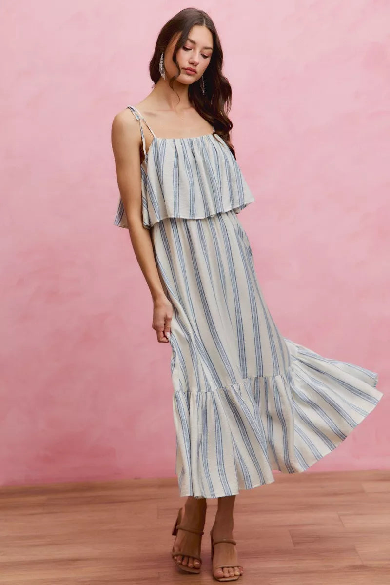 Blue-and-white striped tiered midi dress with shoulder ties, sleeveless square neckline