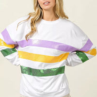 White crew-neck sweatshirt with sparkling sequin stripe banding in purple, yellow, green