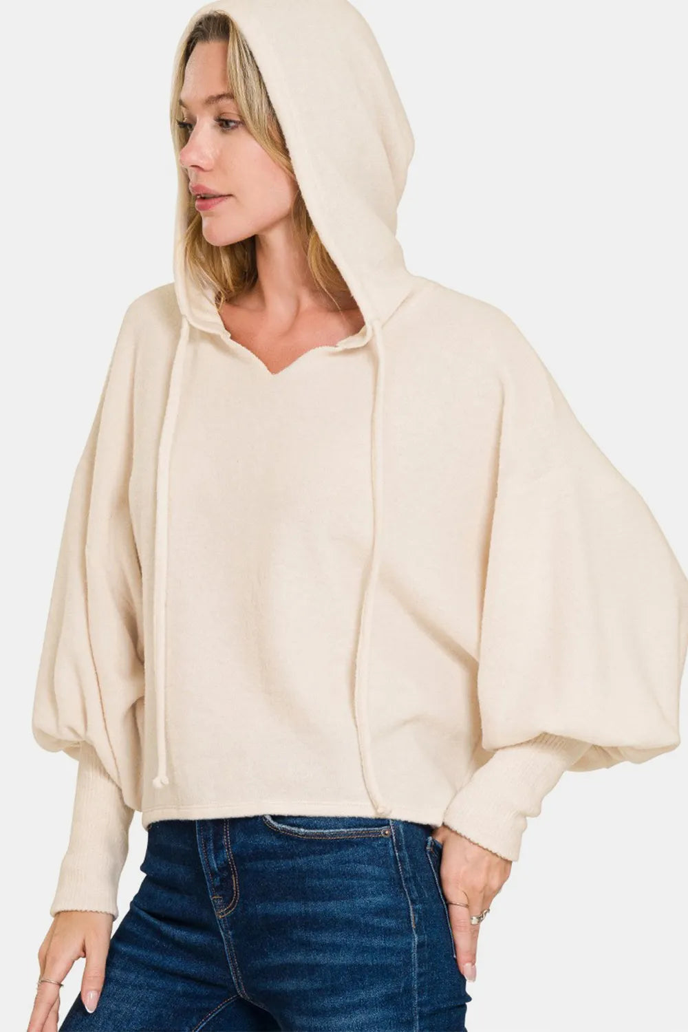 Sand beige brushed hacci cropped hoodie with hood, drop shoulders, front zip