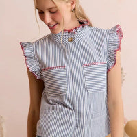 Blue and white striped sleeveless vest top with ruffled shoulders and high neck