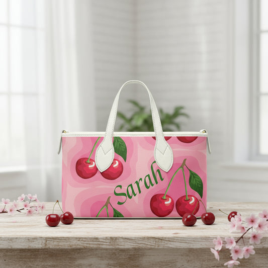 Mini Tote Bag, Leather Small Personalized Shoulder PU Leather Handbag in a Pink Cherry Print