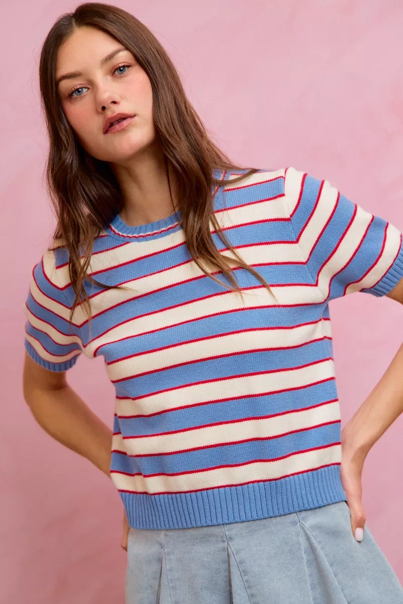 Striped knit crew neck short-sleeve sweater top with blue ribbed trim; red and white stripes