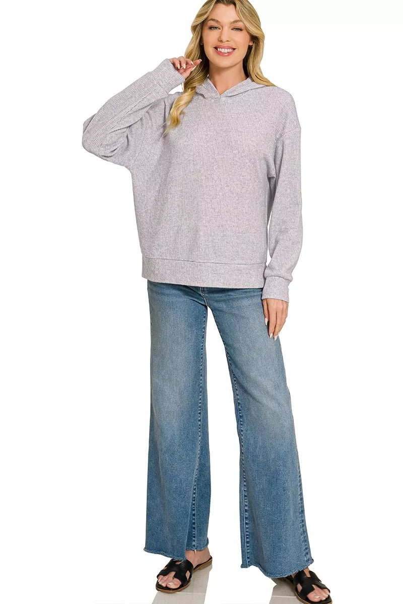 Grey hacci hoodie pullover with hooded neckline and front pocket, long sleeves