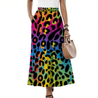 Neon Leopard Print Skirt Midi High Waist with Pockets