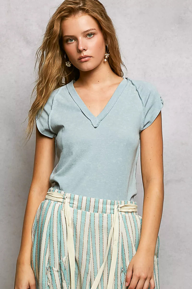 Light sky-blue V-neck short-sleeve washed t-shirt with relaxed fit
