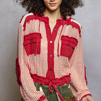 Hooded woven button-down shirt with red-and-blush stripes, front pockets and drawstring