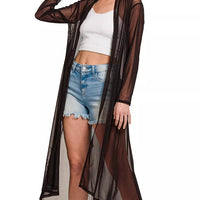 Black mesh open-front cardigan with long sleeves, sheer midi length