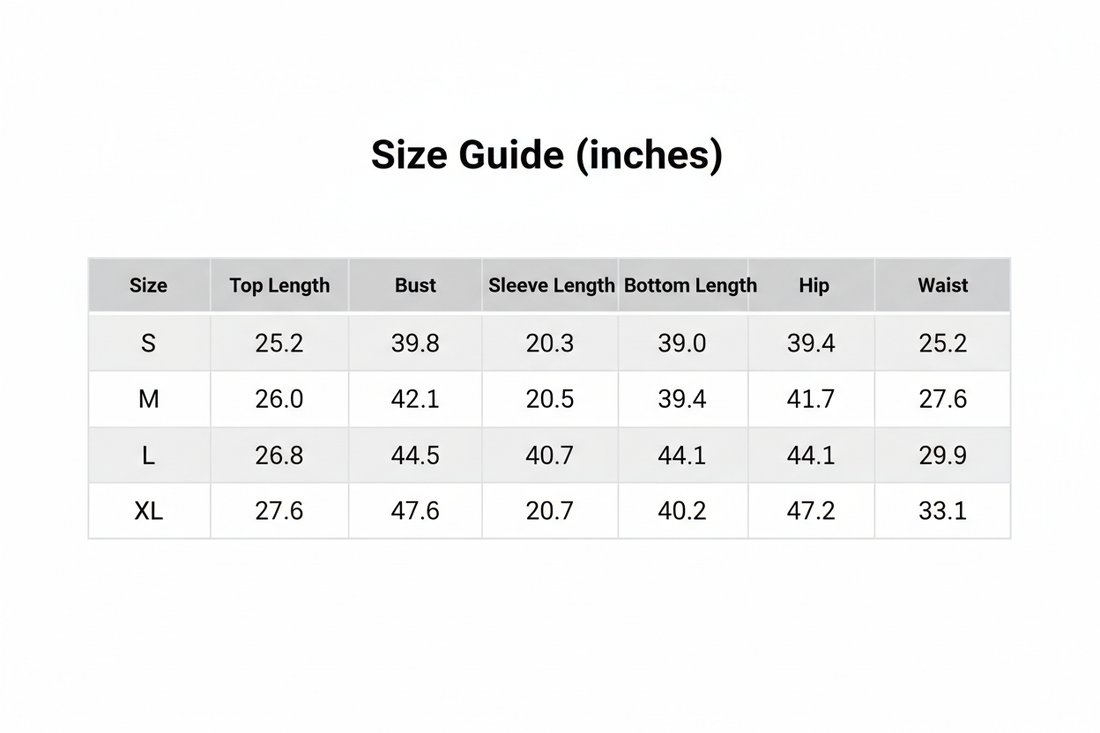 Inches size guide table with measurements for top, sleeve, and bottom lengths