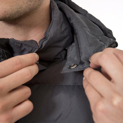 Trespass Clip jacket close-up showing hood drawcord and snap fastening
