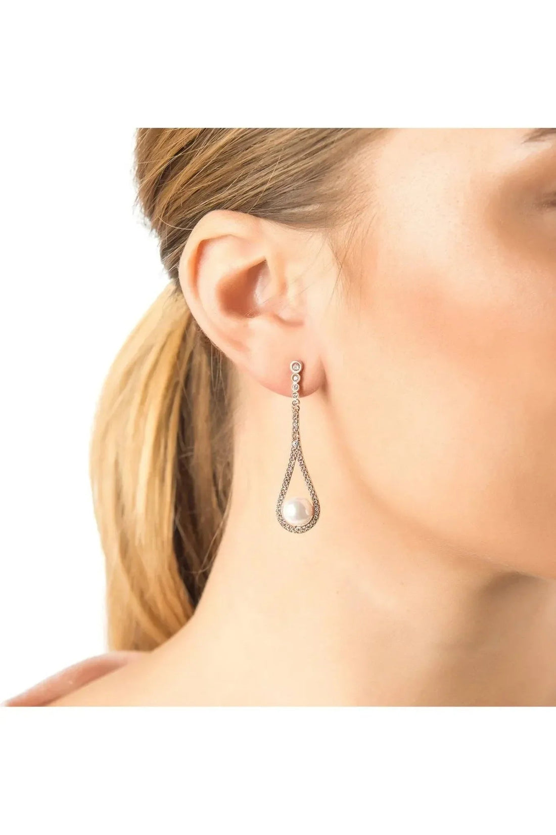 Silver pearl drop earrings with beaded top and teardrop rhinestone frame