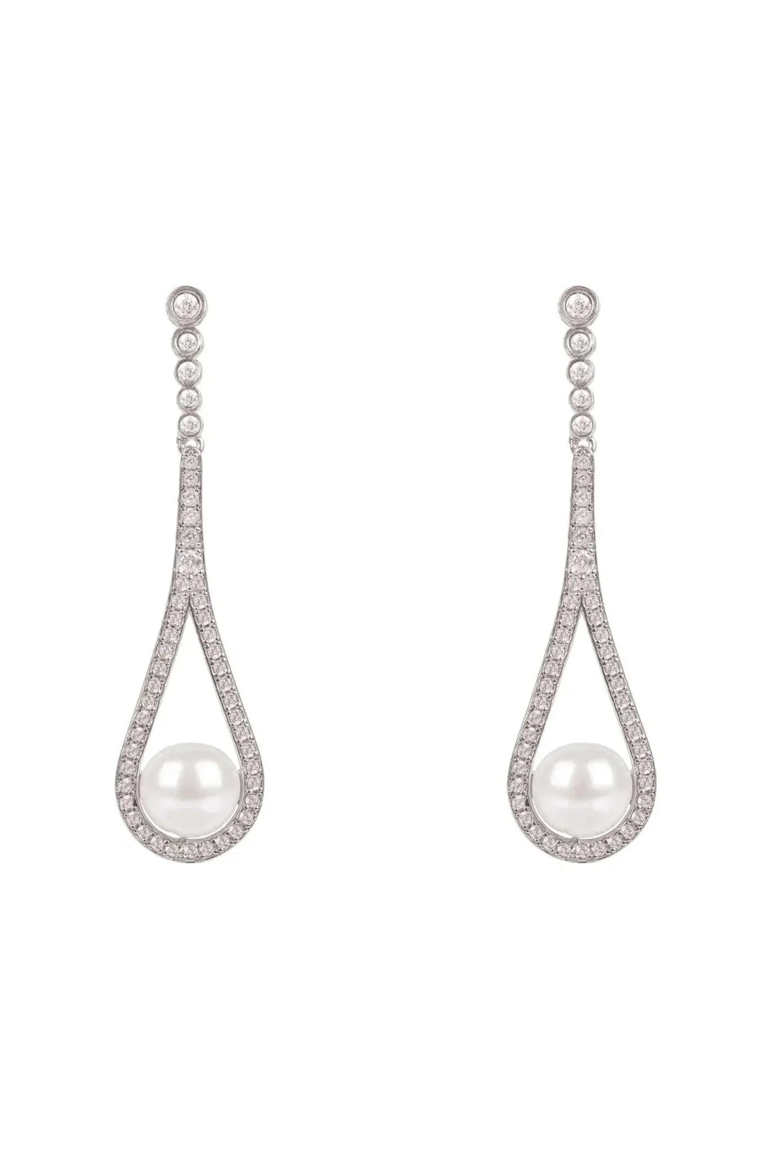Silver drop earrings with cradled pearl teardrop frames and rhinestone borders
