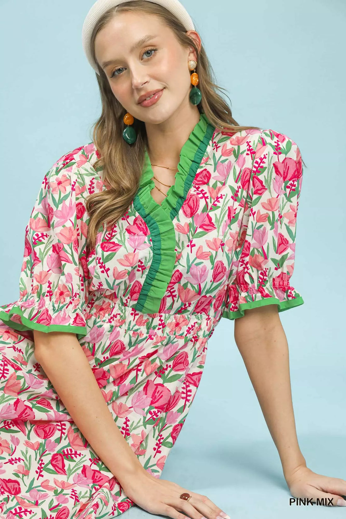 Floral ruffle-trim tiered midi dress in pink mix with green V-neck and ruffled hem