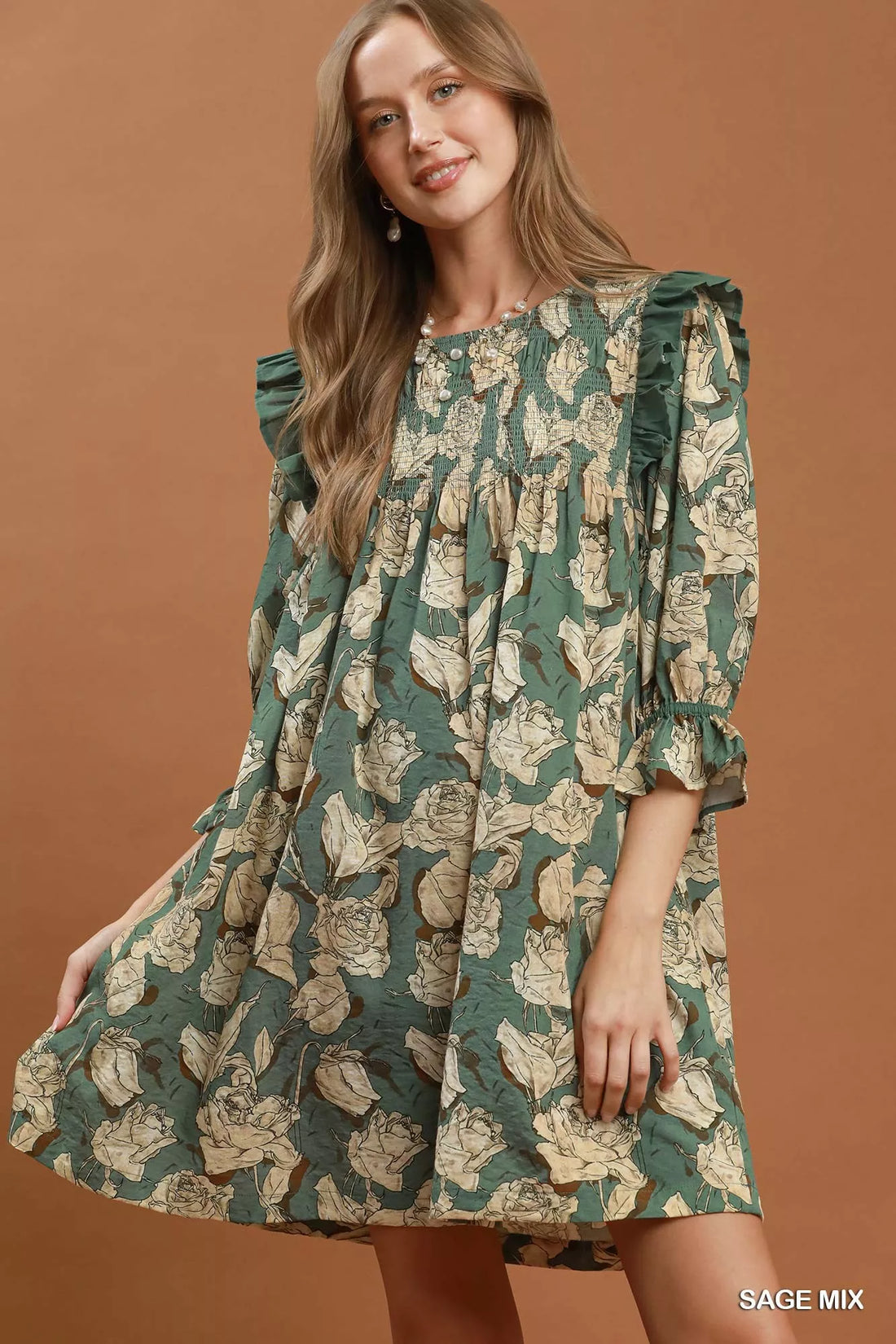 Sage floral smocked ruffle flowy dress with puff sleeves, knee-length