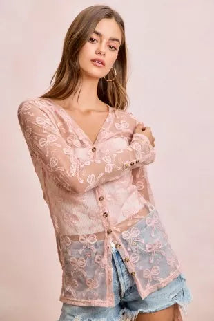 Dusty rose mesh cardigan top with bow pattern, V-neck, front buttons, long sheer sleeves