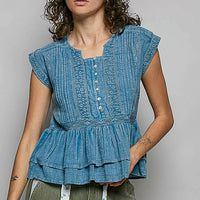 Denim blue sleeveless embroidered pintuck peplum blouse with button placket