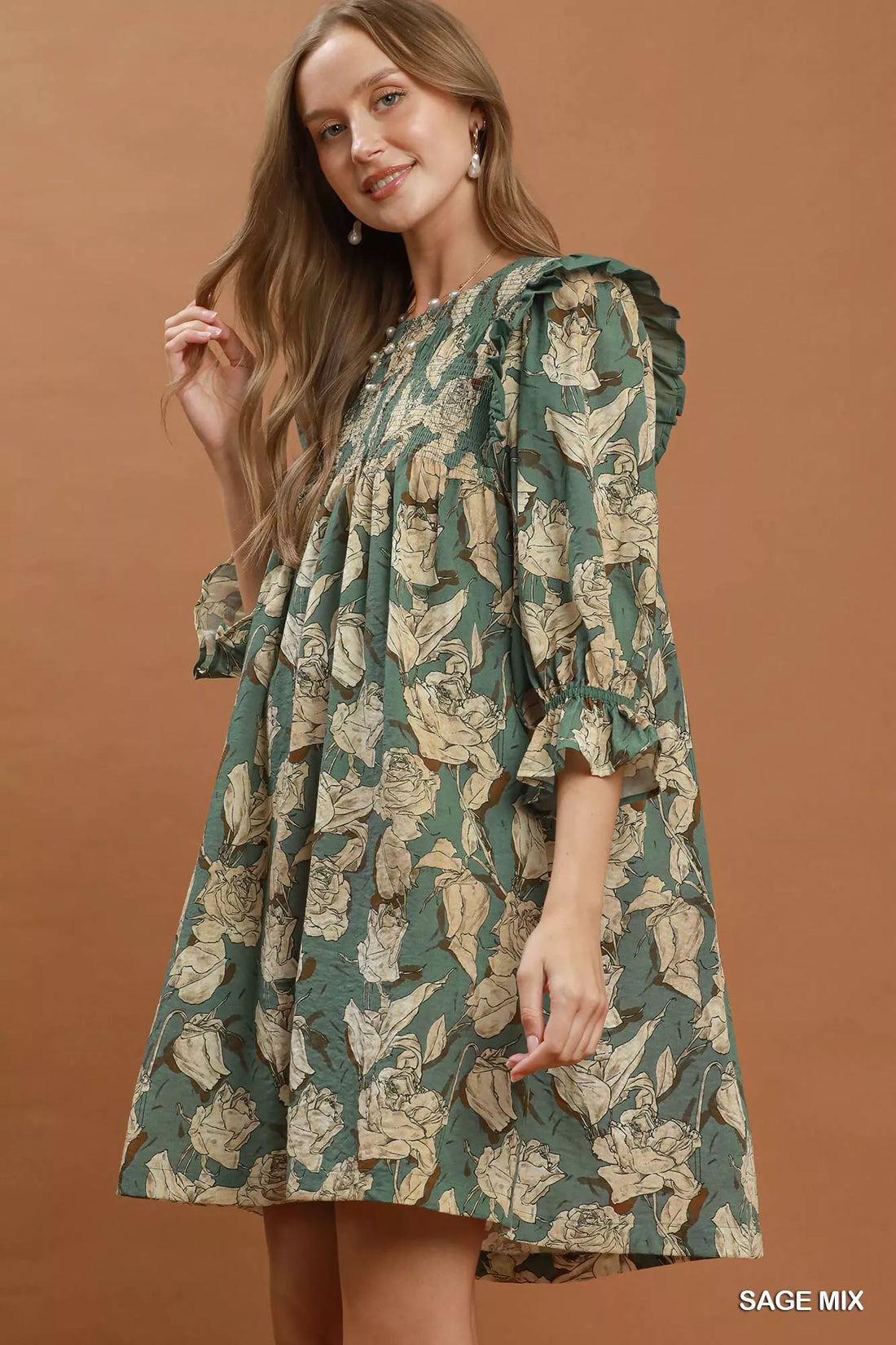 Sage floral smocked ruffle flowy dress with three-quarter puff sleeves and gathered hem