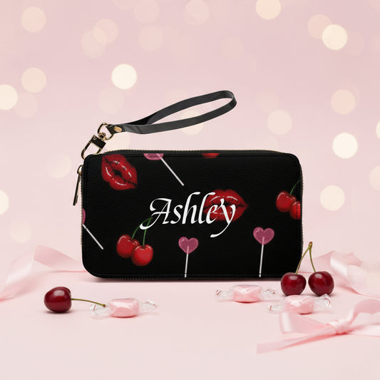 Wristlet Wallet, Fun Cherry Lips Long Wrist Strap, PU Leather Zip, Black Organizer Purse