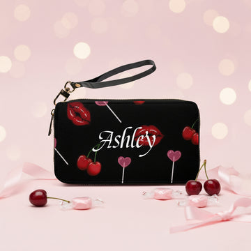 Wristlet Wallet, Fun Cherry Lips Long Wrist Strap, PU Leather Zip, Black Organizer Purse