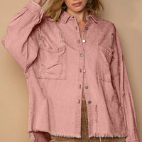 Powder brick distressed button-up shacket with button front and raw frayed hem