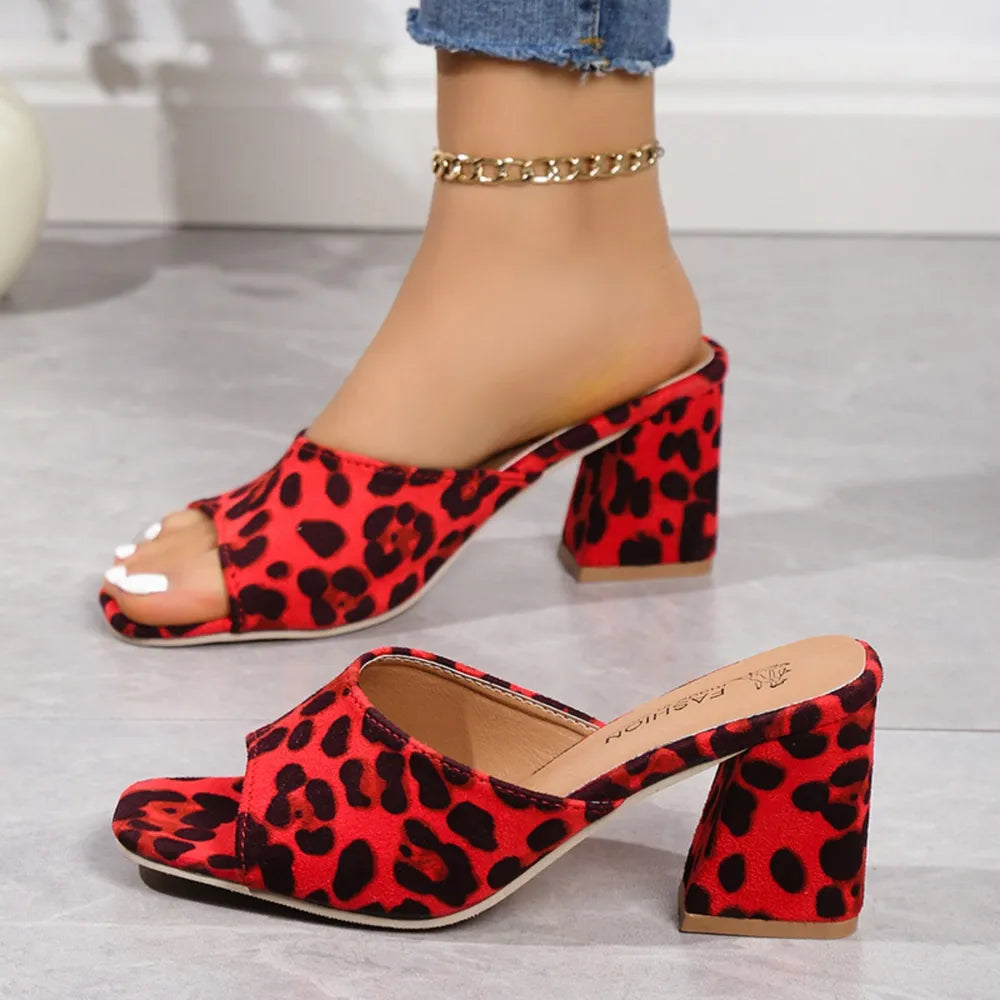 Red leopard print suede block-heel sandals, open toe, ankle chain strap
