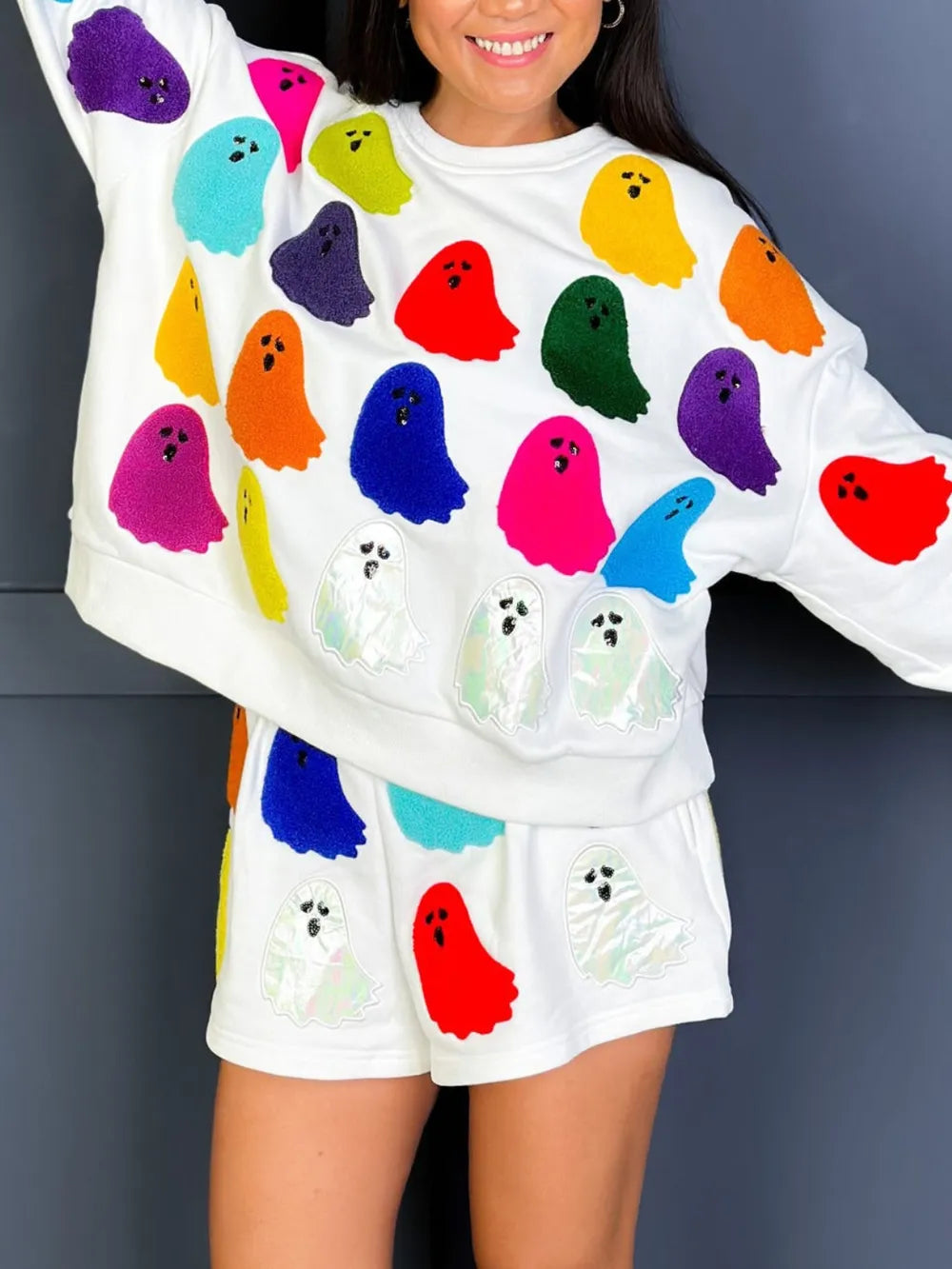 White ghost-print long sleeve top and shorts set with matching elastic waist shorts