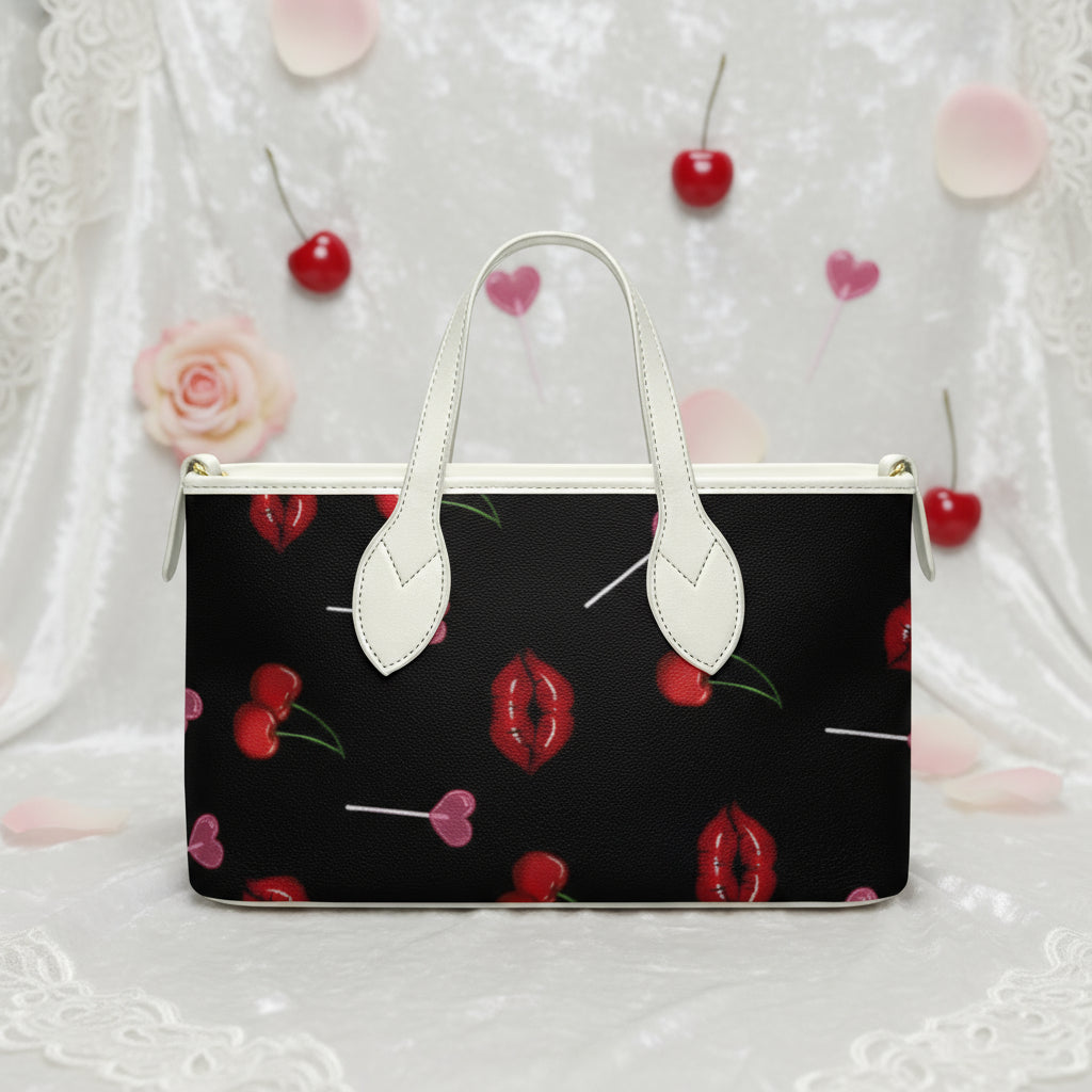 Black and Red Tote Bag | Personalized Mini Cherry Lips Handheld Purse
