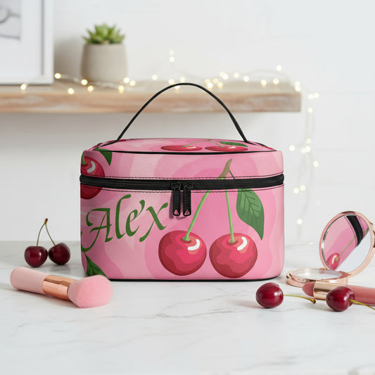 Leather Makeup Bag, Custom Makeup Personalized Cosmetic Organizer, Pink Cherry on Toiletry Case