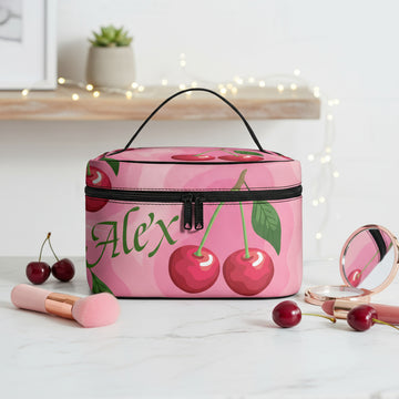 Leather Makeup Bag, Custom Makeup Personalized Cosmetic Organizer, Pink Cherry on Toiletry Case