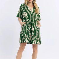 Green and cream leafy print mini dress with V-neck and short sleeves