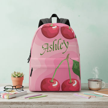 Canvas backpack, Personalized Weekender Bag, Fun Pink Cherry Green Print on Custom Name Gift