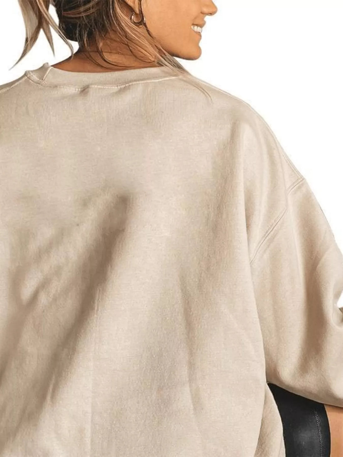 Tan crewneck sweatshirt, plain back view
