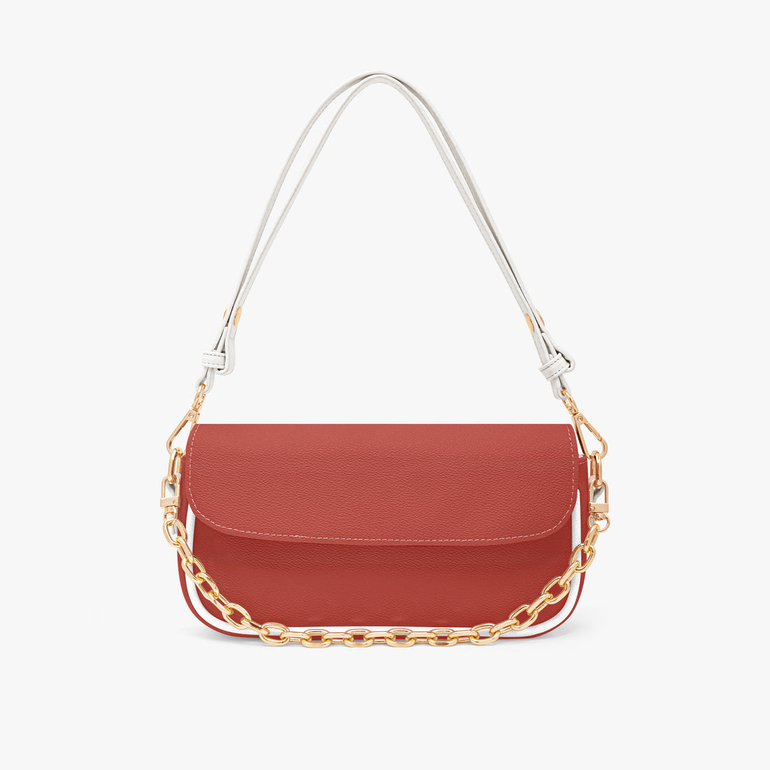 Red leather shoulder bag with front flap and gold chain-link shoulder strap