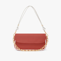 Red leather shoulder bag with front flap and gold chain-link shoulder strap