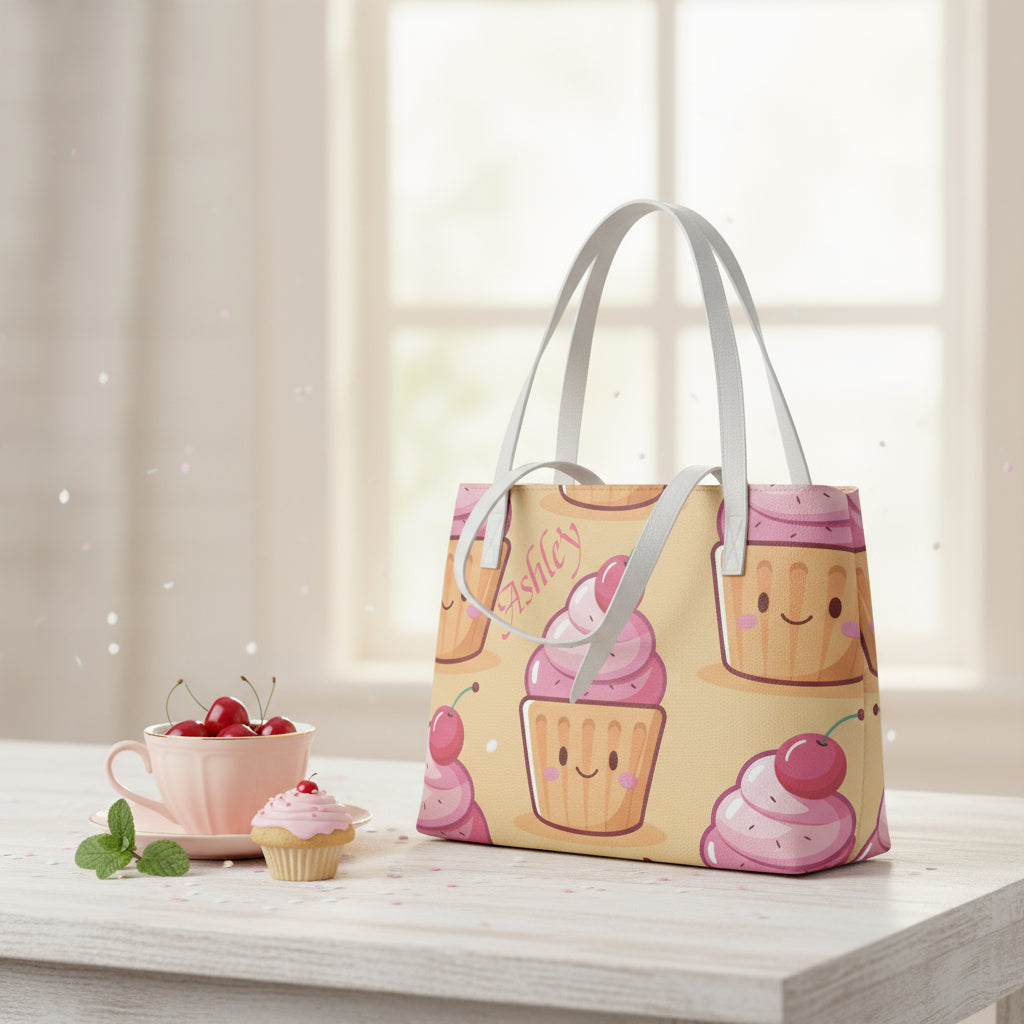 Unlined Leather Tote Bags | Personalized Yellow Cupcake Print