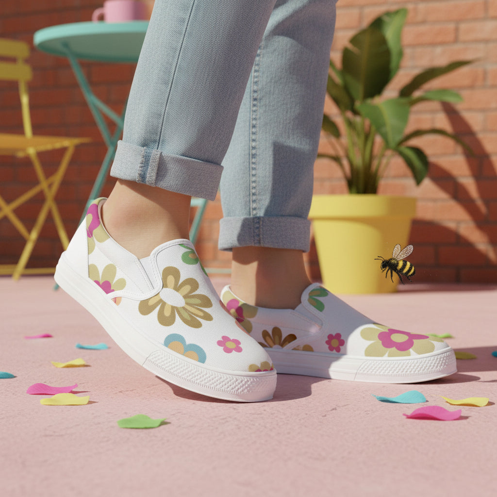 White Multicolor Womens Flower Sneakers | Floral Print Slip On Canvas Shoes