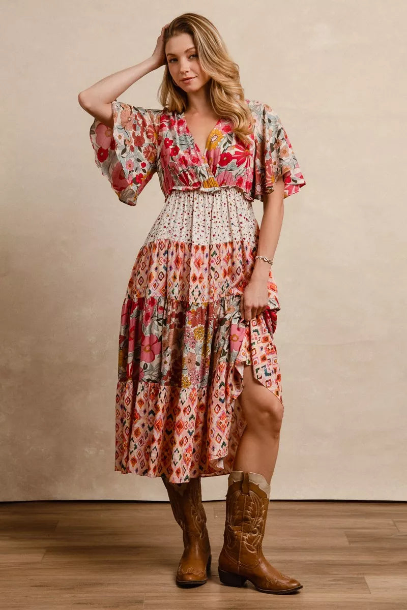 Rose floral midi dress with puff sleeves, tiered skirt and smocked waist