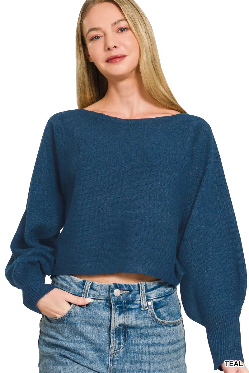Teal boat-neck balloon sleeve sweater with relaxed fit