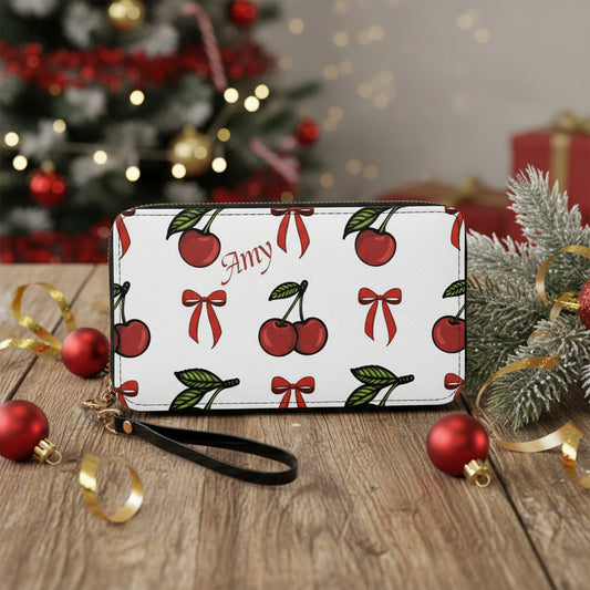 Wristlet Wallet, Fun Cherry Christmas Long Wrist Strap, PU Leather Zip, Festive Organizer Purse