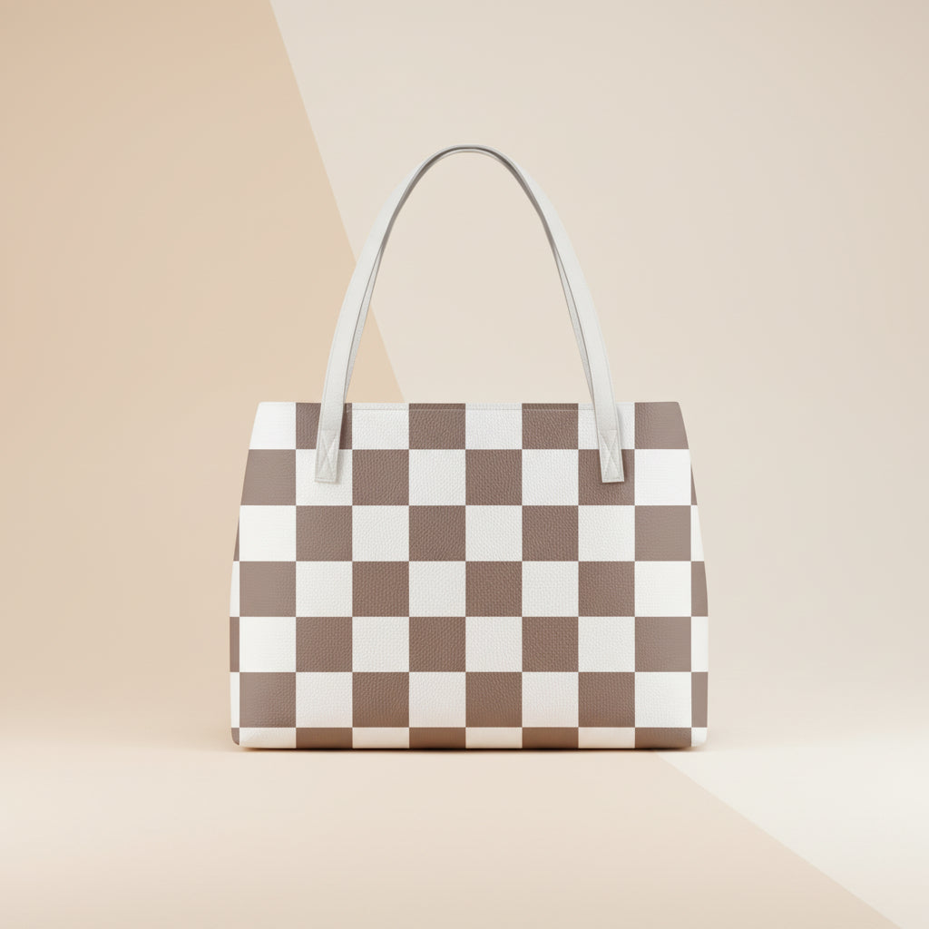 Checkered Tote Bag | Brown and White Waterproof PU Leather Shoulder Bag