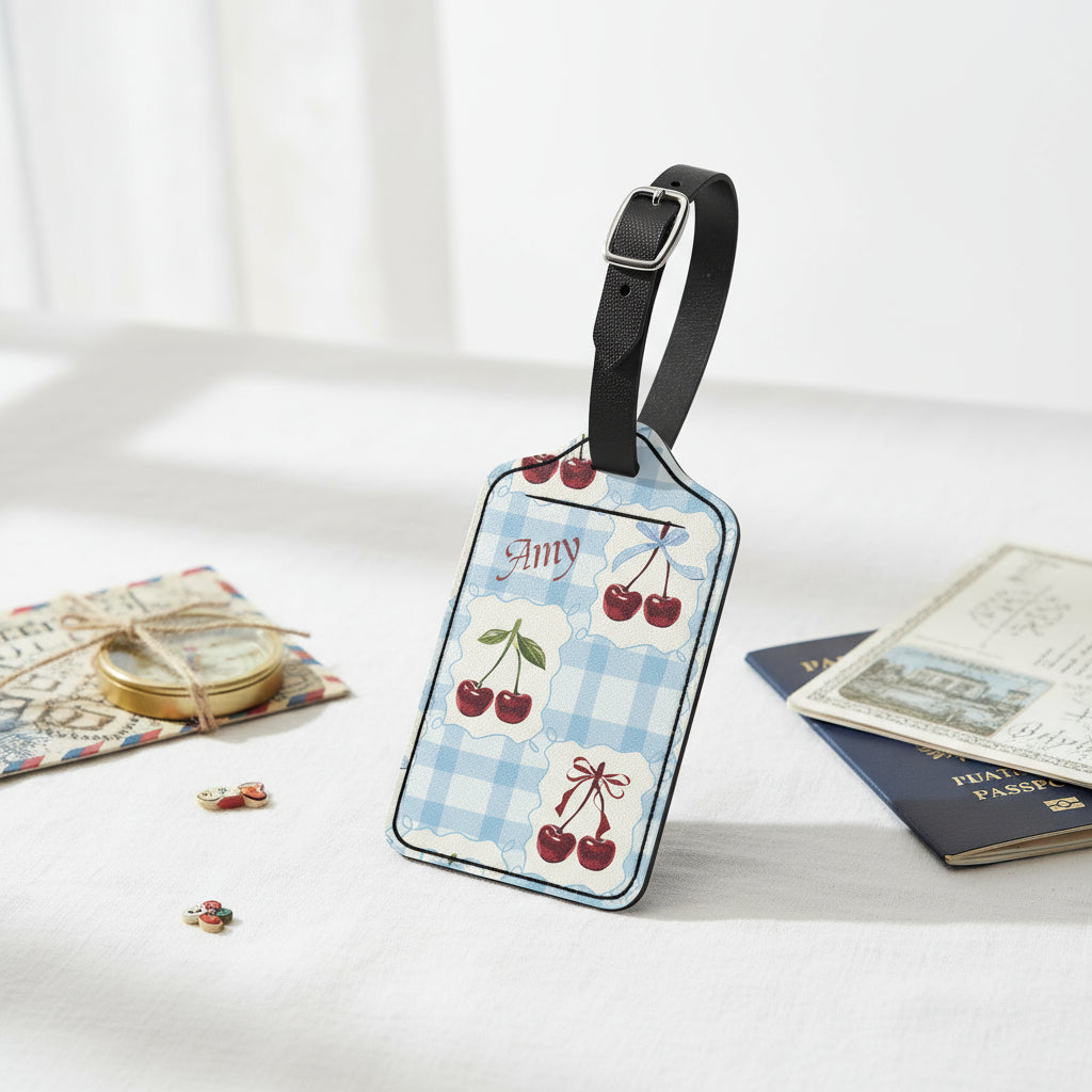 Custom Luggage Tag, Personalized Travel Accessories, Blue Cherry Gingham Print, Personalised Gift for Her