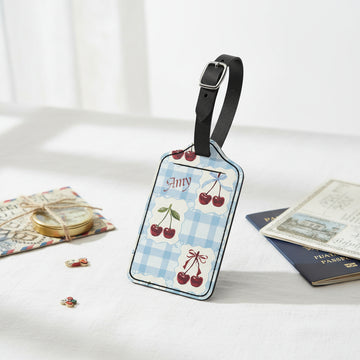 Custom Luggage Tag, Personalized Travel Accessories, Blue Cherry Gingham Print, Personalised Gift for Her