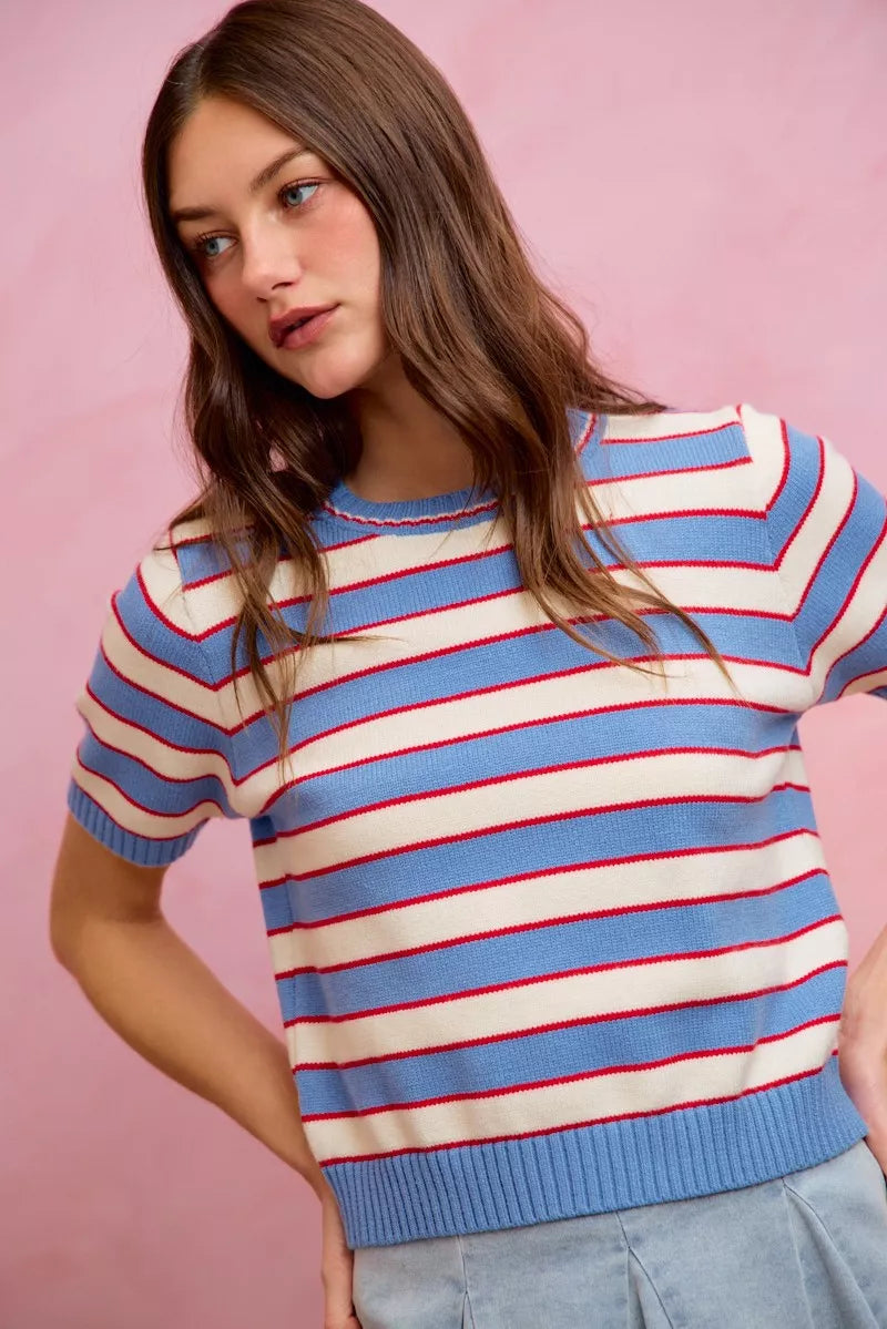 Striped knit crew neck short-sleeve sweater top, blue knit with red/white horizontal stripes