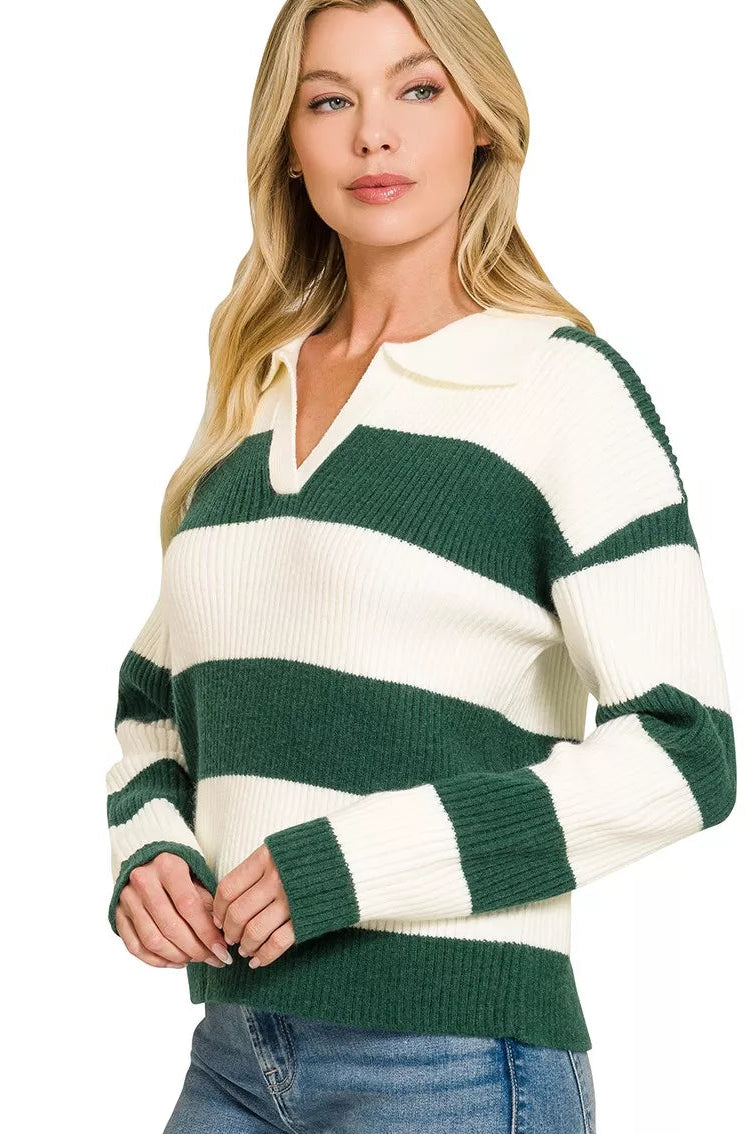 Striped collared sweater with long sleeves, hunter green and ivory horizontal stripes