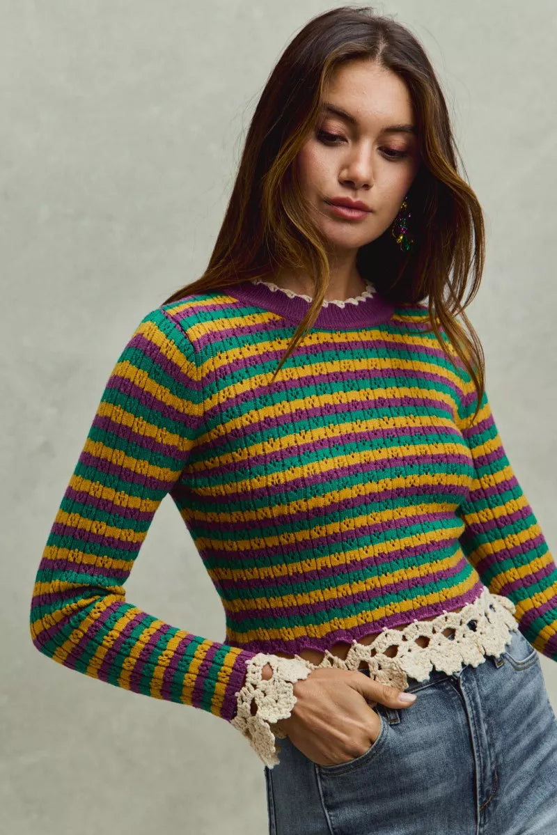 Multicolor striped cropped knit top with purple crew neck and crochet lace hem