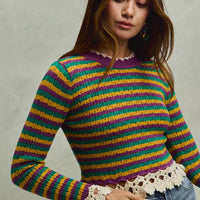 Multicolor striped cropped knit top with purple crew neck and crochet lace hem