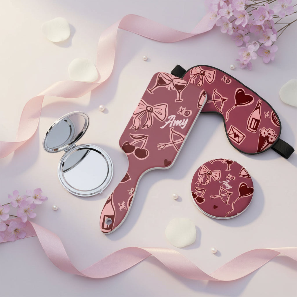 Pink sleep mask with decorative patterns on a light background with flowers and ribbons.