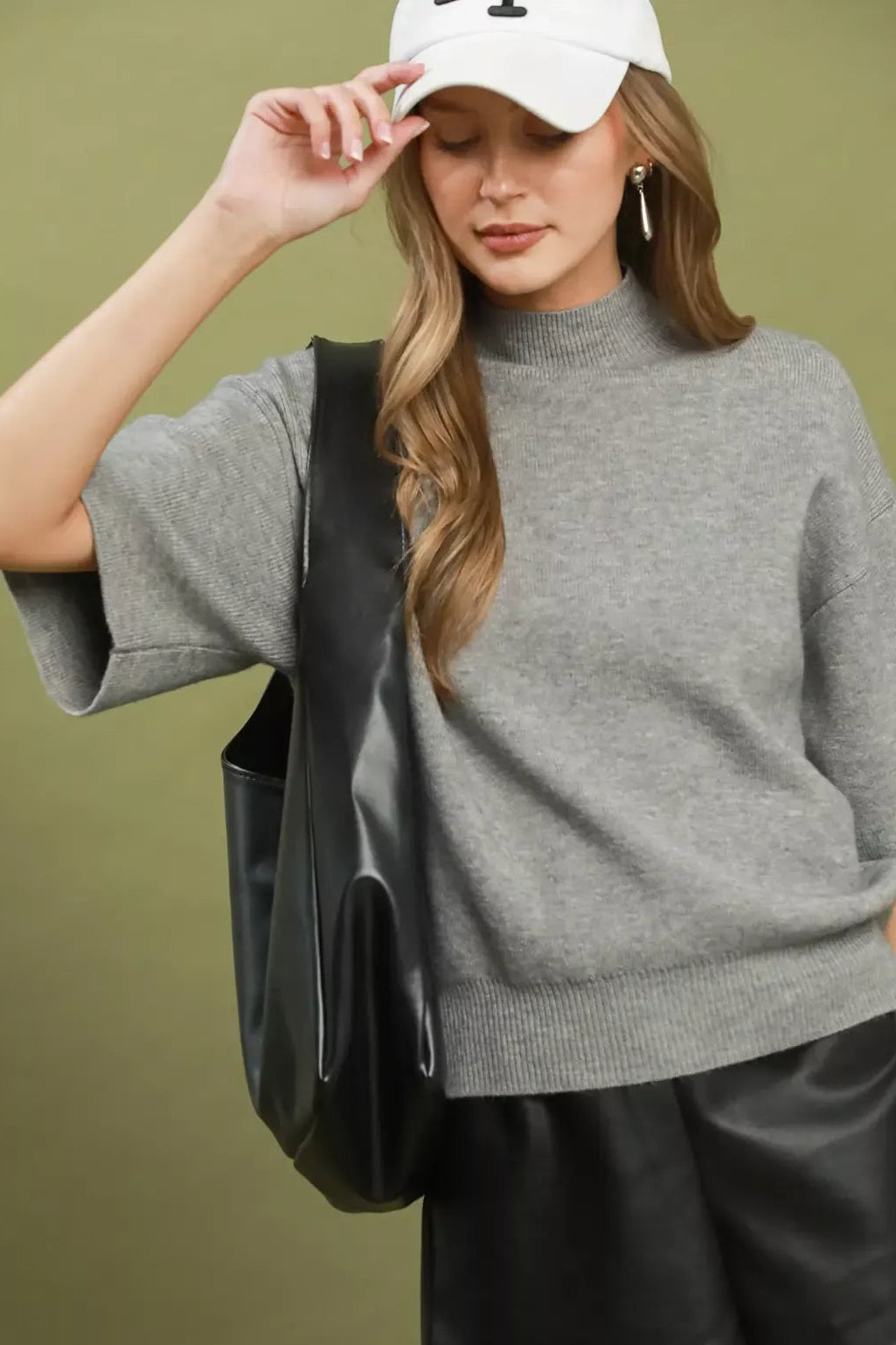 Grey mock-neck knit sweater with short sleeves