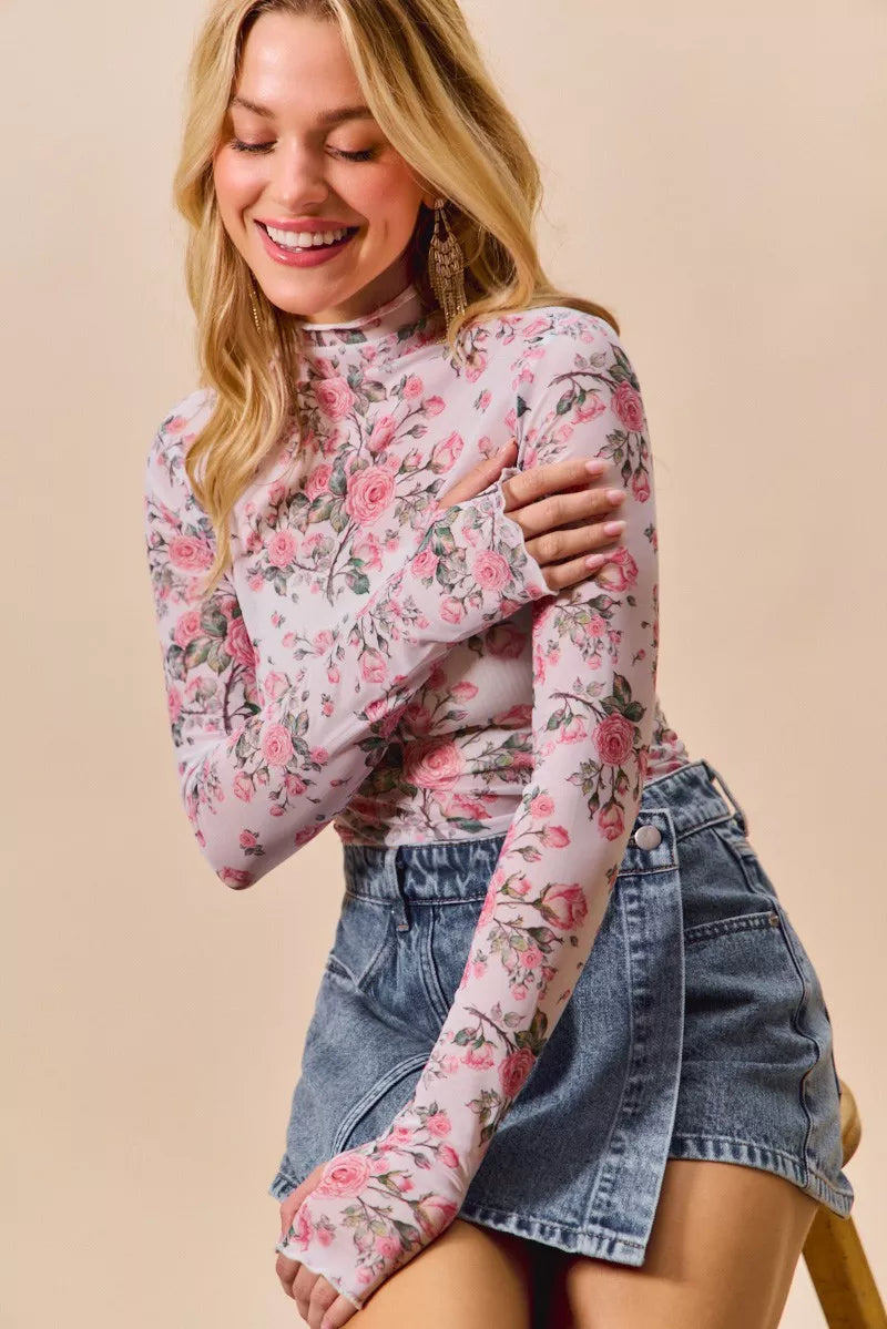 Floral rose print mesh sheer layering top in pink, long sleeves, sheer fabric