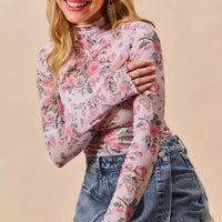 Floral rose print mesh sheer layering top in pink, long sleeves, sheer fabric