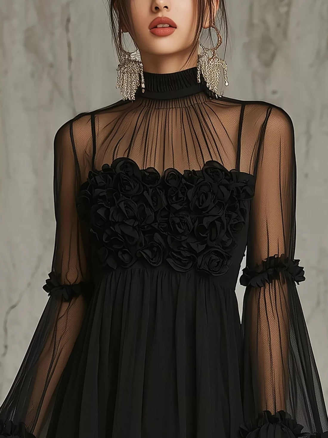 Black sheer mesh mini dress with high neck, rosette bust detail, ruffled cuffs